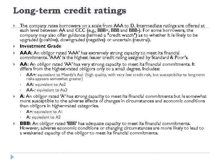 Long-term credit ratings The company rates borrowers on a scale from AAA to D.