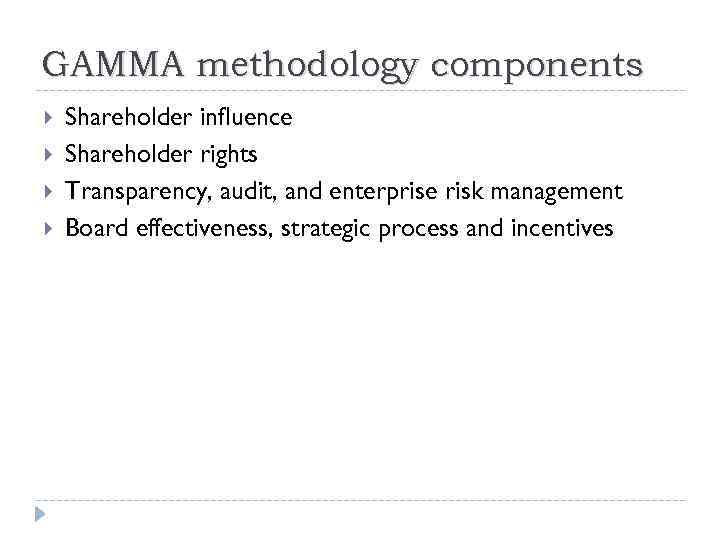 GAMMA methodology components Shareholder influence Shareholder rights Transparency, audit, and enterprise risk management Board