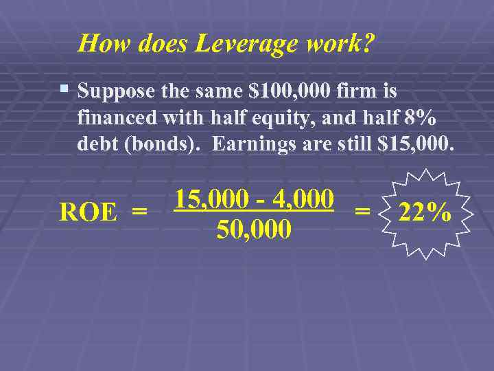 How does Leverage work? § Suppose the same $100, 000 firm is financed with