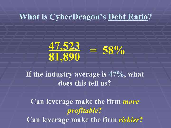 What is Cyber. Dragon’s Debt Ratio? 47, 523 = 58% 81, 890 If the