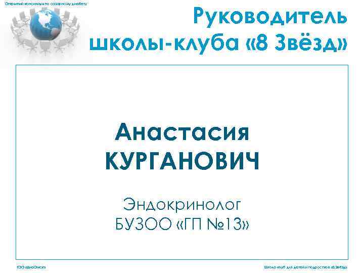 Открытый консилиум по сахарному диабету Руководитель школы-клуба « 8 Звёзд» Анастасия КУРГАНОВИЧ Эндокринолог БУЗОО