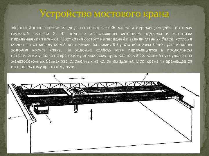 Устройство мостового крана Мостовой кран состоит из двух основных частей: моста и перемещающейся по