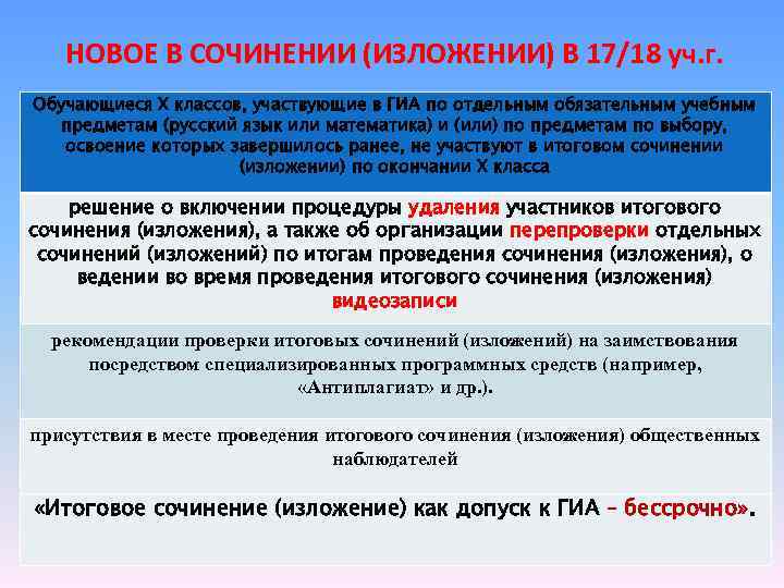 НОВОЕ В СОЧИНЕНИИ (ИЗЛОЖЕНИИ) В 17/18 уч. г. Обучающиеся X классов, участвующие в ГИА