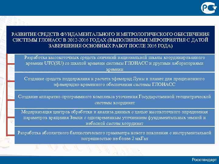 РАЗВИТИЕ СРЕДСТВ ФУНДАМЕНТАЛЬНОГО И МЕТРОЛОГИЧЕСКОГО ОБЕСПЕЧЕНИЯ СИСТЕМЫ ГЛОНАСС В 2012 -2016 ГОДАХ (ВЫПОЛНЯЕМЫЕ МЕРОПРИЯТИЯ