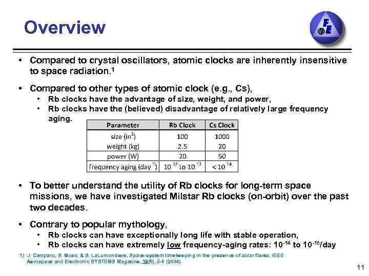 Overview • Compared to crystal oscillators, atomic clocks are inherently insensitive to space radiation.