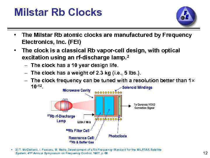 Milstar Rb Clocks • The Milstar Rb atomic clocks are manufactured by Frequency Electronics,