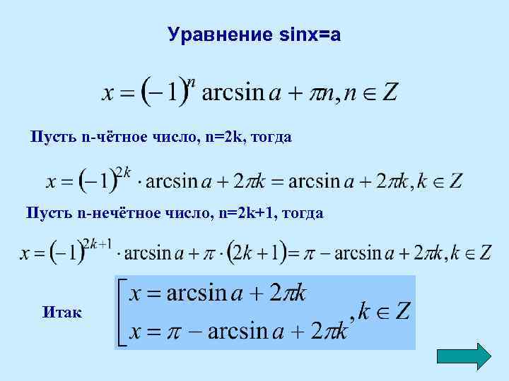 Уравнение sinx=a Пусть n-чётное число, n=2 k, тогда Пусть n-нечётное число, n=2 k+1, тогда