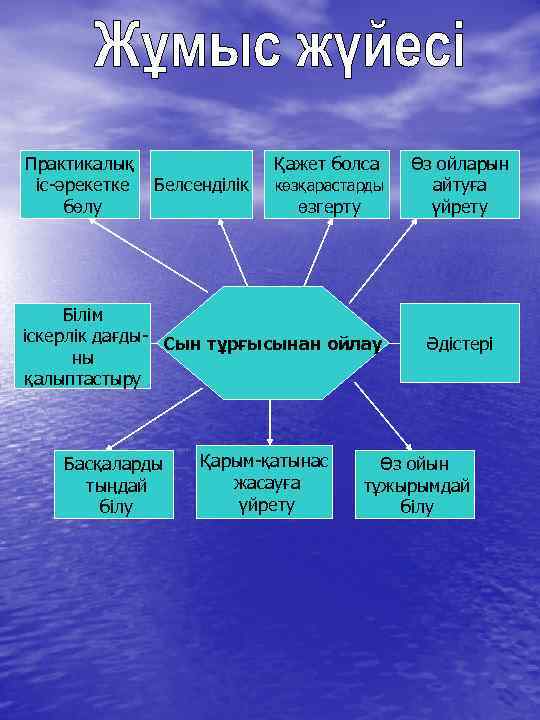 Практикалық іс-әрекетке бөлу Белсенділік Қажет болса көзқарастарды өзгерту Білім іскерлік дағды- Сын тұрғысынан ойлау