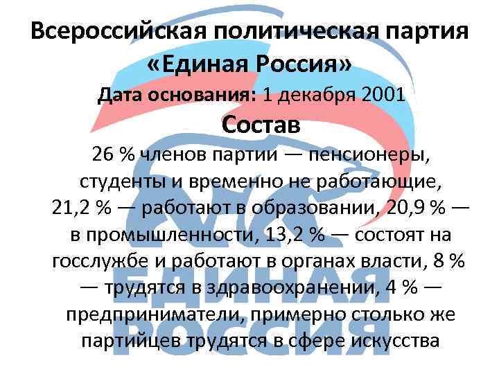 Всероссийская политическая партия «Единая Россия» Дата основания: 1 декабря 2001 Состав 26 % членов