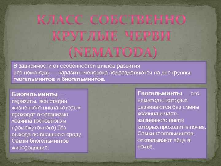 В зависимости от особенностей циклов развития все нематоды — паразиты человека подразделяются на две