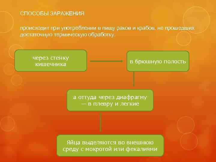 СПОСОБЫ ЗАРАЖЕНИЯ происходит при употреблении в пищу раков и крабов, не прошедших достаточную термическую