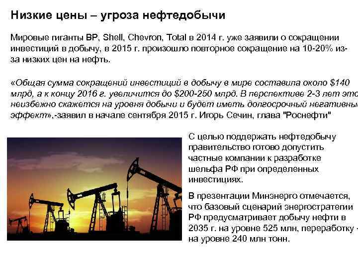 Низкие цены – угроза нефтедобычи Мировые гиганты BP, Shell, Chevron, Total в 2014 г.