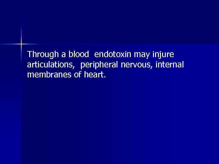 Through a blood endotoxin may injure articulations, peripheral nervous, internal membranes of heart. 