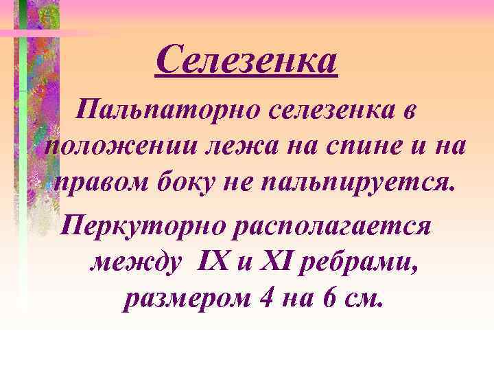 Селезенка Пальпаторно селезенка в положении лежа на спине и на правом боку не пальпируется.