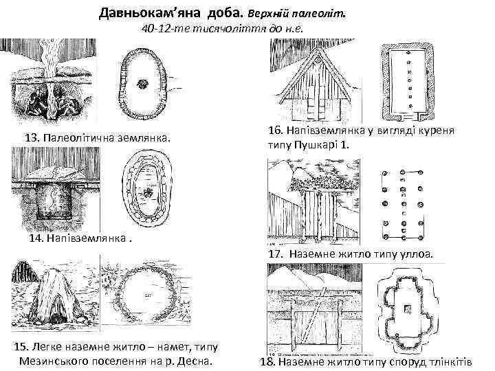 Давньокам’яна доба. Верхній палеоліт. 40 -12 -те тисячоліття до н. е. 13. Палеолітична землянка.