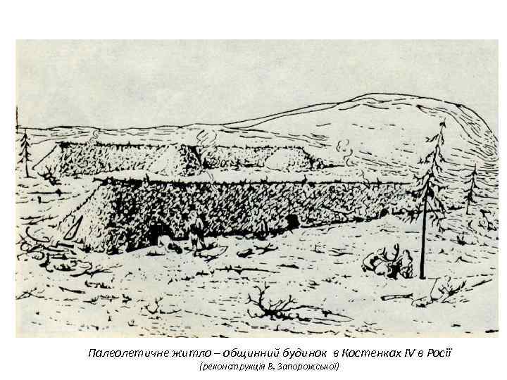 Палеолетичне житло – общинний будинок в Костенках IV в Росії (реконструкція В. Запорожської) 