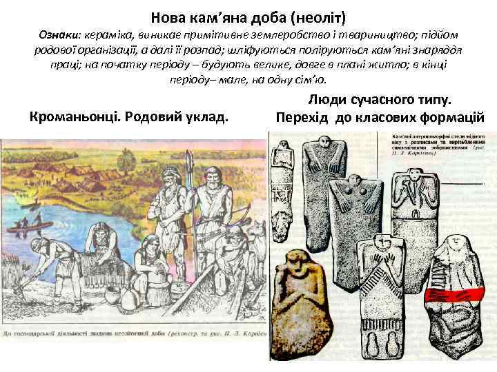 Нова кам’яна доба (неоліт) Ознаки: кераміка, виникає примітивне землеробство і твариництво; підйом родової організації,