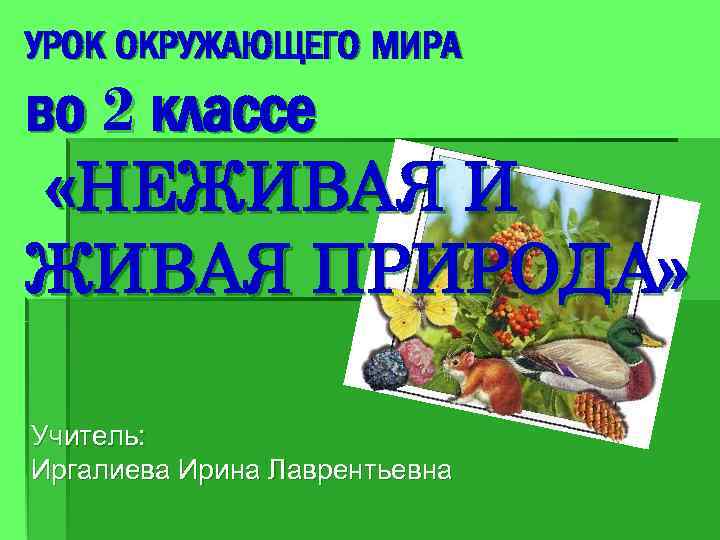 УРОК ОКРУЖАЮЩЕГО МИРА во 2 классе «НЕЖИВАЯ И ЖИВАЯ ПРИРОДА» Учитель: Иргалиева Ирина Лаврентьевна