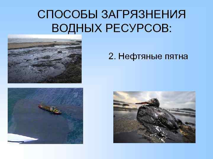 СПОСОБЫ ЗАГРЯЗНЕНИЯ ВОДНЫХ РЕСУРСОВ: 2. Нефтяные пятна 