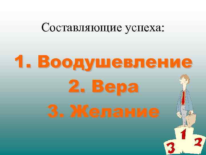 Составляющие успеха: 1. Воодушевление 2. Вера 3. Желание 