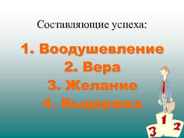 Составляющие успеха: 1. Воодушевление 2. Вера 3. Желание 4. Выдержка 