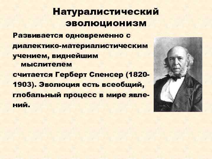 Натуралистический эволюционизм Развивается одновременно с диалектико-материалистическим учением, виднейшим мыслителем считается Герберт Спенсер (18201903). Эволюция