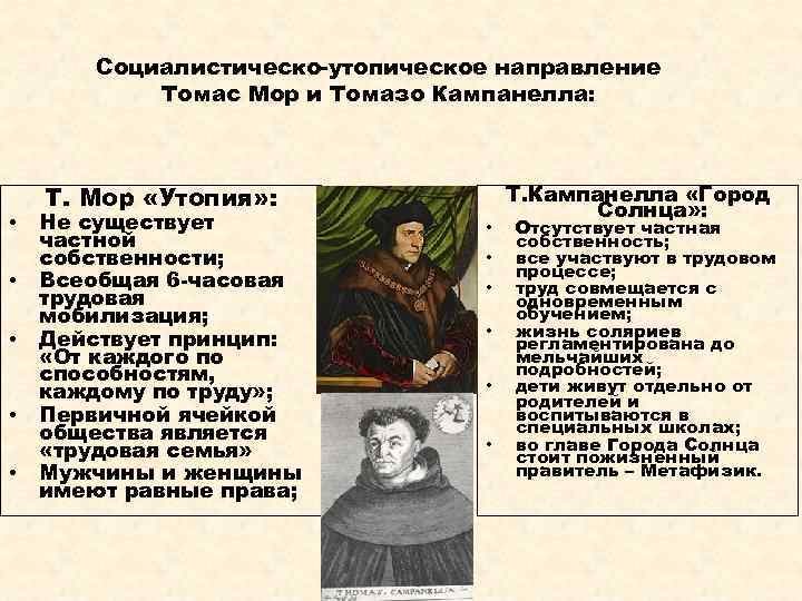 Социалистическо-утопическое направление Томас Мор и Томазо Кампанелла: • • • Т. Мор «Утопия» :