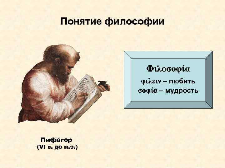 Понятие философии Φιλοσοφία φιλειν – любить σοφία – мудрость Пифагор (VI в. до н.