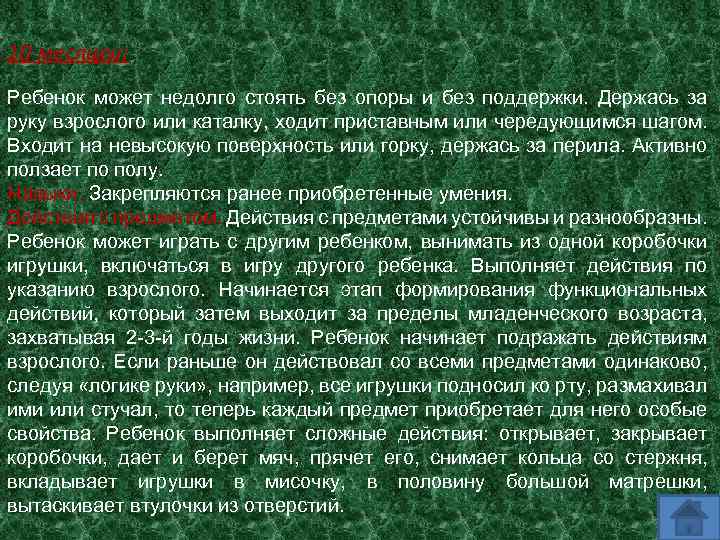 10 месяцев: Ребенок может недолго стоять без опоры и без поддержки. Держась за руку