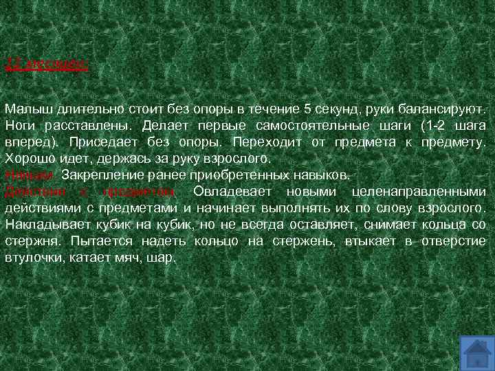 11 месяцев: Малыш длительно стоит без опоры в течение 5 секунд, руки балансируют. Ноги