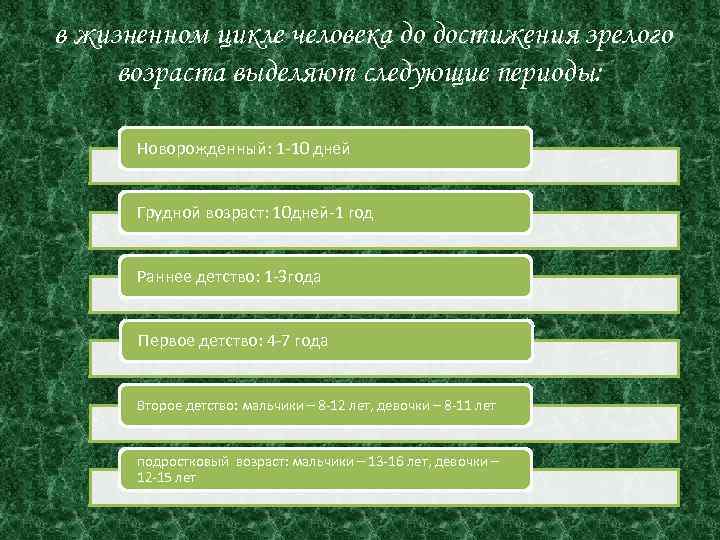 в жизненном цикле человека до достижения зрелого возраста выделяют следующие периоды: Новорожденный: 1 10