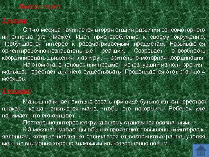 Интеллект 1 месяц: С 1 -го месяца начинается вторая стадия развития сенсомоторного интеллекта (по