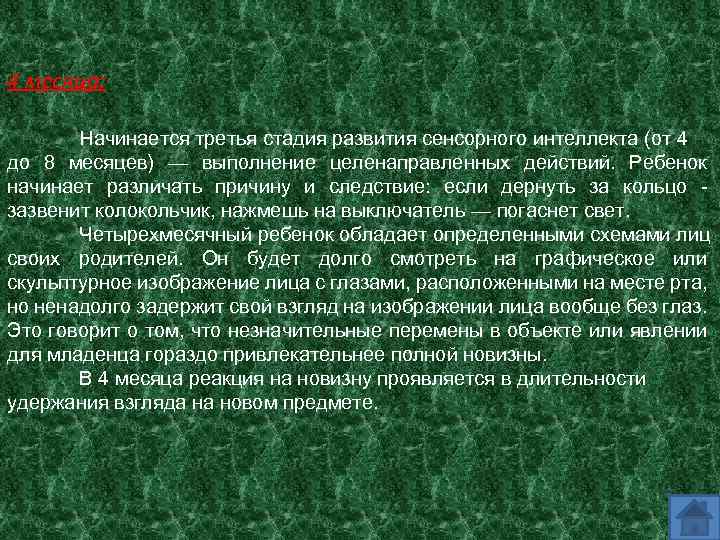 4 месяца: Начинается третья стадия развития сенсорного интеллекта (от 4 до 8 месяцев) —
