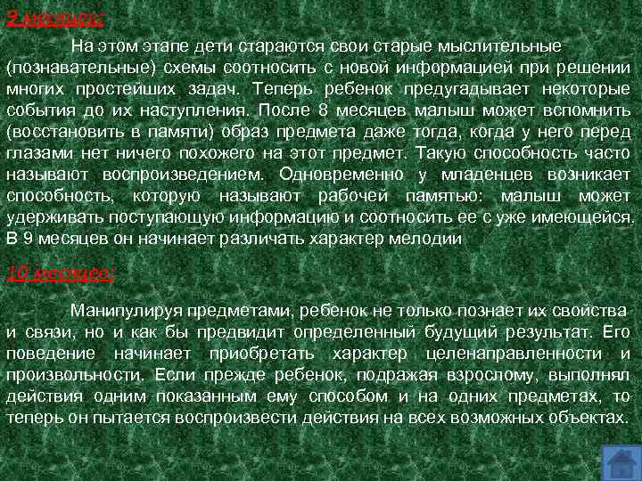 9 месяцев: На этом этапе дети стараются свои старые мыслительные (познавательные) схемы соотносить с