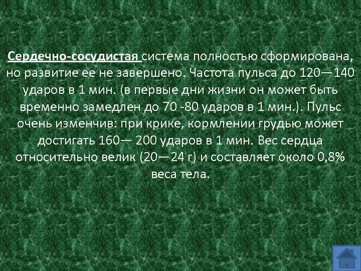 Сердечно-сосудистая система полностью сформирована, но развитие ее не завершено. Частота пульса до 120— 140