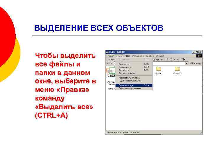 ВЫДЕЛЕНИЕ ВСЕХ ОБЪЕКТОВ Чтобы выделить все файлы и папки в данном окне, выберите в