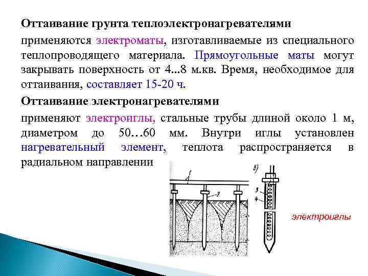Оттаивание грунта теплоэлектронагревателями применяются электроматы, изготавливаемые из специального теплопроводящего материала. Прямоугольные маты могут закрывать