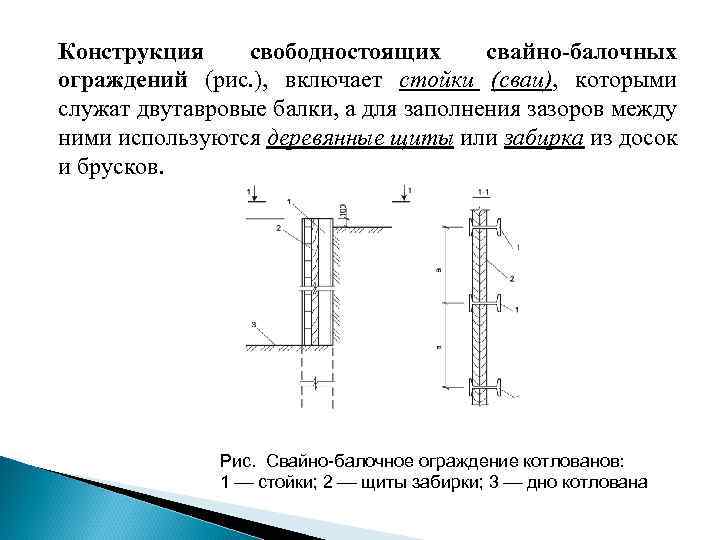 Конструкция свободностоящих свайно балочных ограждений (рис. ), включает стойки (сваи), которыми служат двутавровые балки,