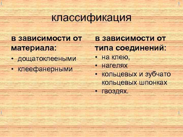 классификация в зависимости от материала: в зависимости от типа соединений: • дощатоклееными • клеефанерными