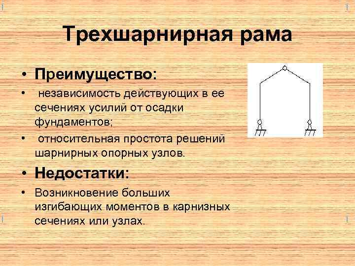 Трехшарнирная рама • Преимущество: • независимость действующих в ее сечениях усилий от осадки фундаментов;