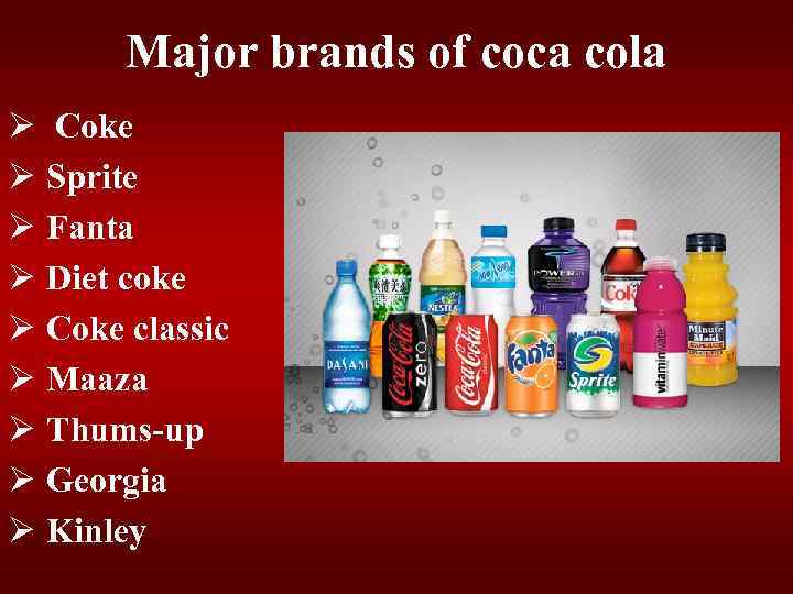 Major brands of coca cola Ø Coke Ø Sprite Ø Fanta Ø Diet coke