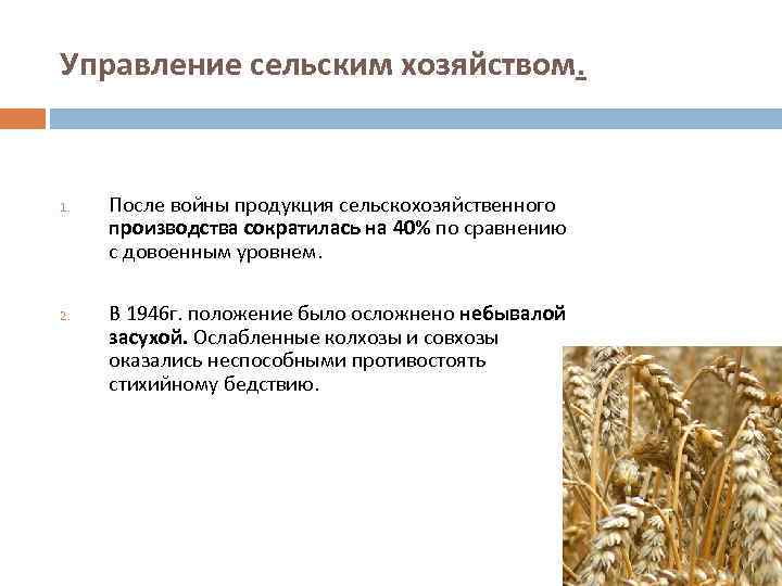 Управление сельским хозяйством. 1. 2. После войны продукция сельскохозяйственного производства сократилась на 40% по