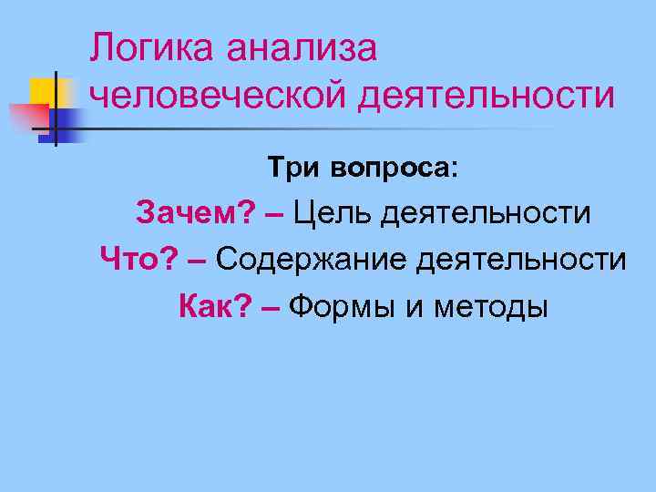 Логика анализа человеческой деятельности Три вопроса: Зачем? – Цель деятельности Что? – Содержание деятельности