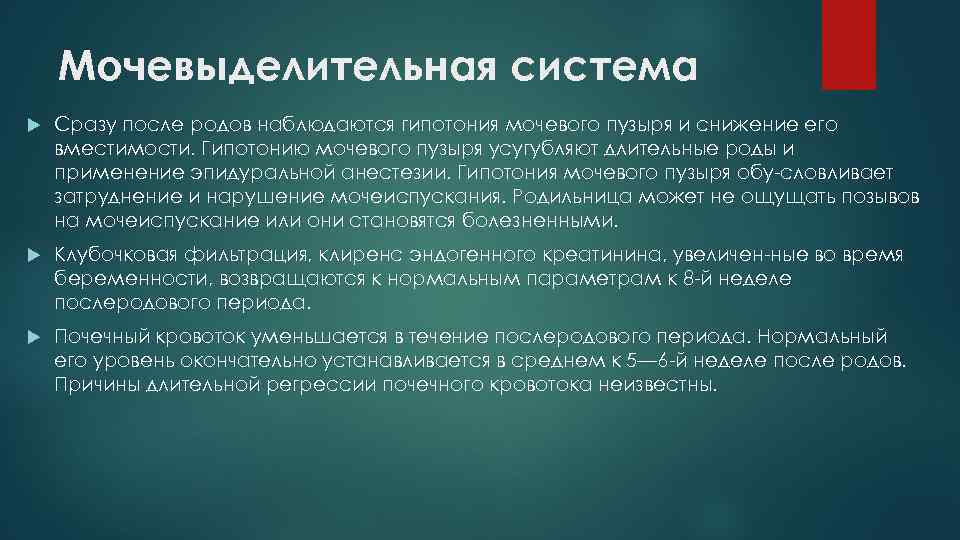 Мочевыделительная система Сразу после родов наблюдаются гипотония мочевого пузыря и снижение его вместимости. Гипотонию