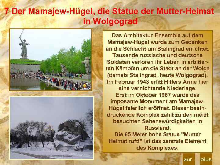 7 Der Mamajew-Hügel, die Statue der Mutter-Heimat in Wolgograd Das Architektur-Ensemble auf dem Mamajew-Hügel