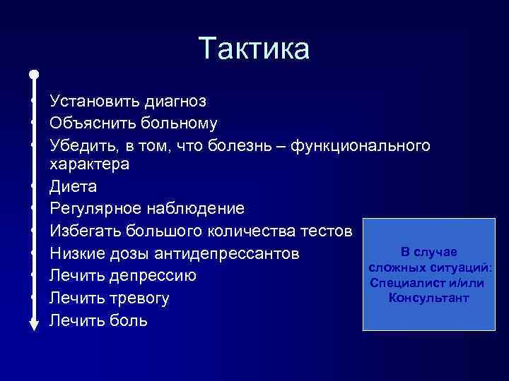 Тактика • Установить диагноз • Объяснить больному • Убедить, в том, что болезнь –