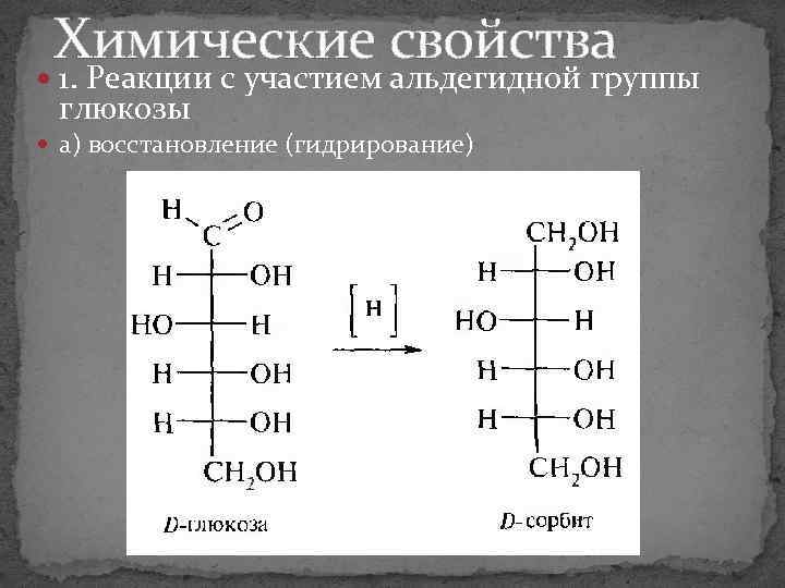 Химические свойства 1. Реакции с участием альдегидной группы глюкозы а) восстановление (гидрирование) 