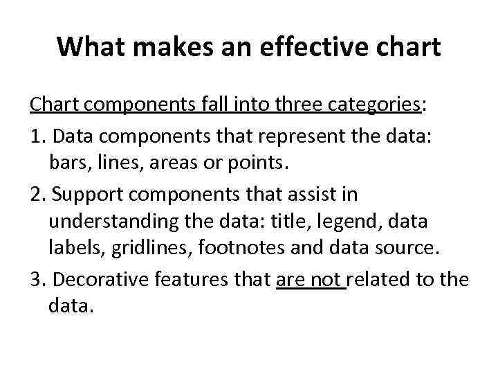 What makes an effective chart Chart components fall into three categories: 1. Data components