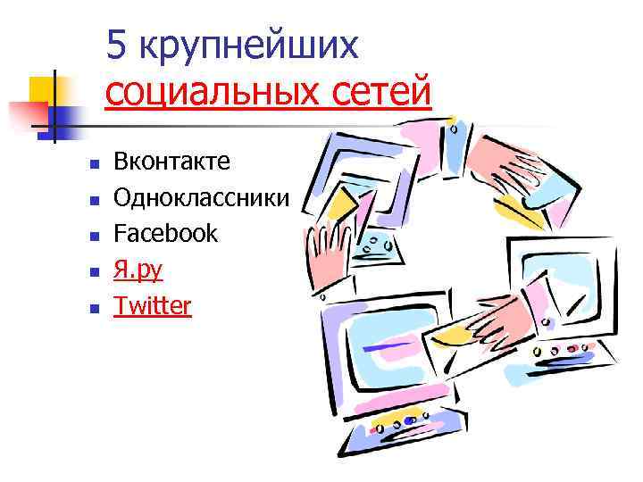 5 крупнейших социальных сетей n n n Вконтакте Одноклассники Facebook Я. ру Twitter 