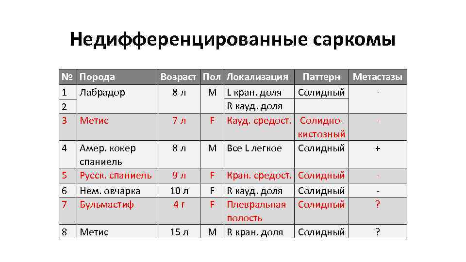 Недифференцированные саркомы № Порода 1 Лабрадор 2 3 Метис 4 5 6 7 8